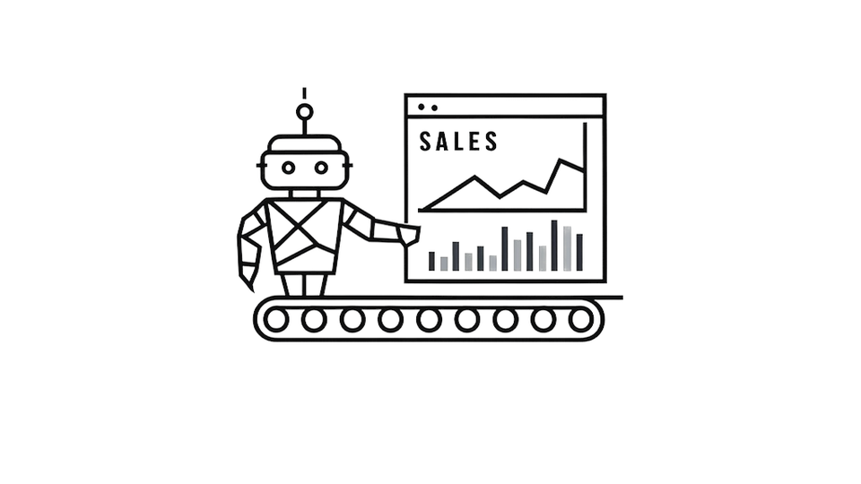 An illustration of a robot producing a dashboard with a line chart and a bar graph