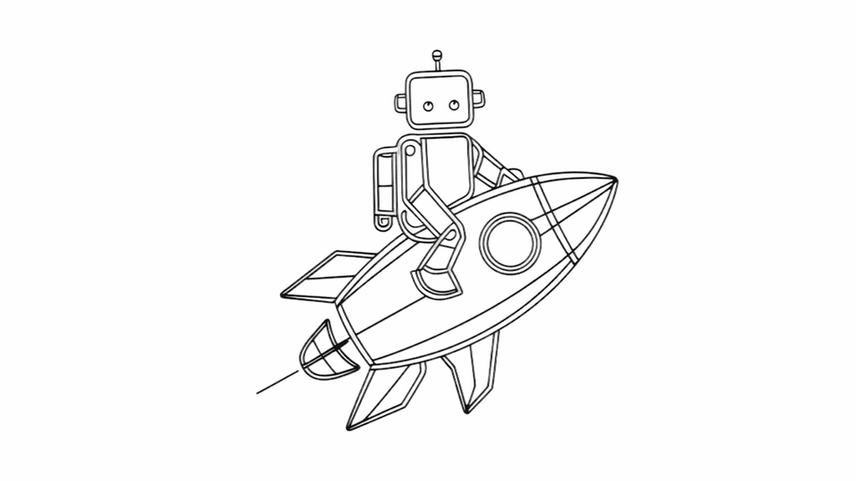 An illustration of a robot ridding on top of a rocketship, blasting off